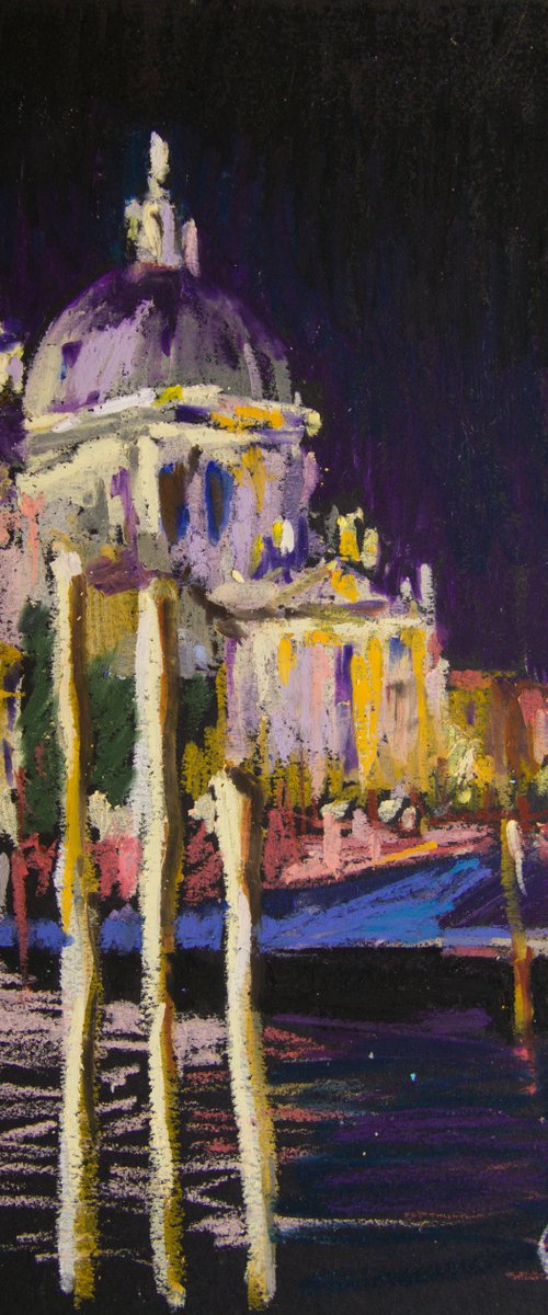 Venezian night. Dreams about Italy series. Oil pastel painting. Small painting dark venice italy black bright light night interior decor gift by Sasha Romm