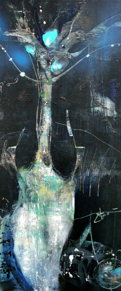 Enigmatic Perennial Large Painting Still Life Deep Dark Blue Colors By O Kloska by Kloska Ovidiu