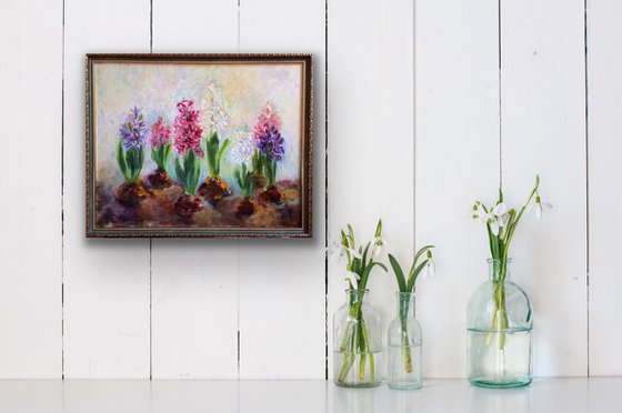 Flowers oil painting - Floral original artwork - Hyacinths framed canvas - Gift idea for woman