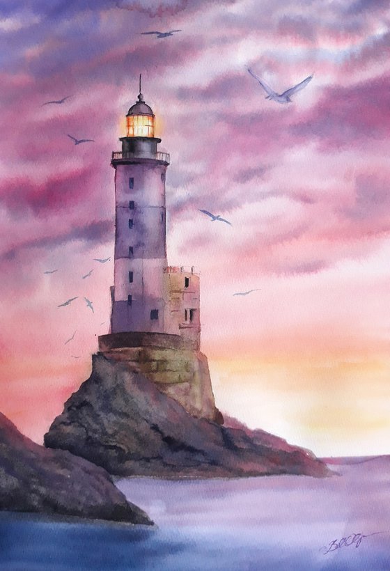 Lighthouse Sunset Original Watercolor painting - seascape wall art - sunset