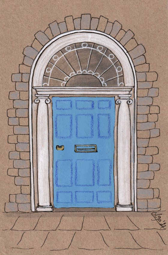 Azure and turquoise doors - Set of 2 architecture mixed media drawings