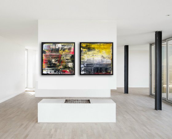 "Cutting In Lines" - FREE USA SHIPPING - Original PMS Abstract Diptych Acrylic Paintings On Plexiglass Framed - 52" x 26"