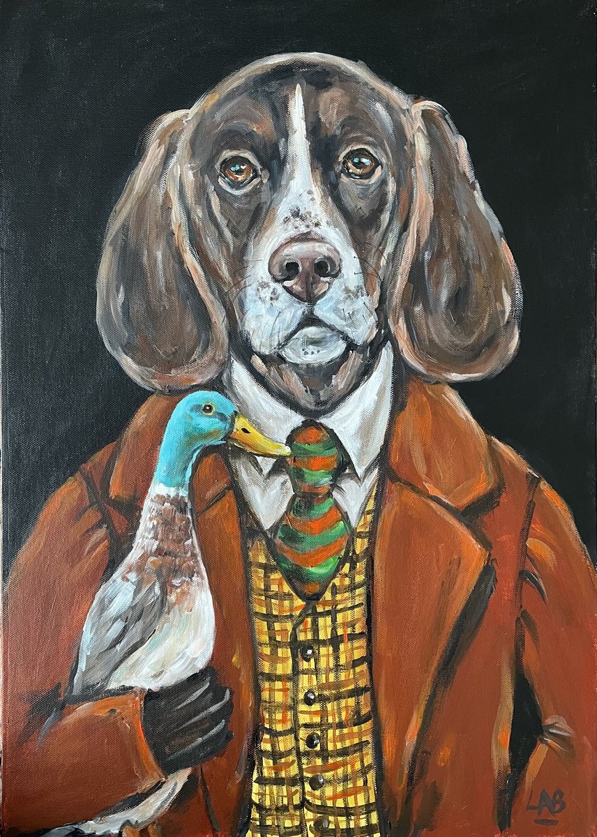 Expressive Animal Acrylic Painting By Louise Brown, 17 X 24", Dog And Duck, Original Artwork