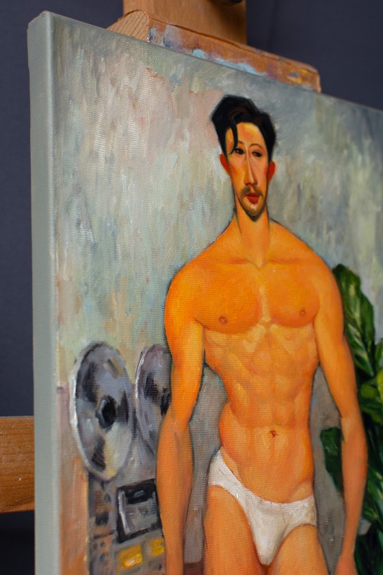 RETRO BOY by Yaroslav Sobol - (Inspired by Amedeo Modigliani Modern Impressionistic Figurative Oil painting of a Man Gift Home Decor)