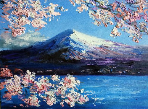 Landscape Mountain Sea view Fuji Spring Cherry Blossom Japan Sakura by Anastasia Art Line
