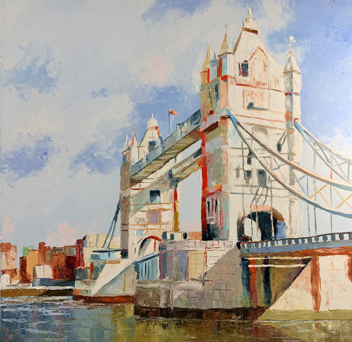 Impressionistic Cityscapes Oil Painting By Vita Schagen, 39 X 39", Tower Bridge.london., Original Artwork