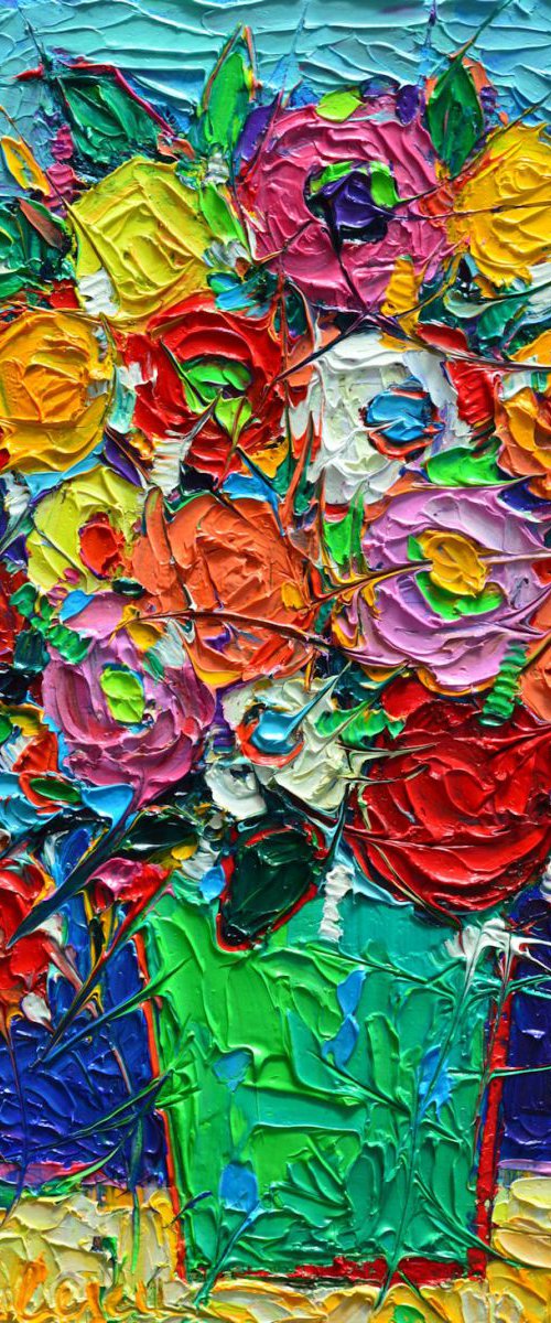 COLOURFUL WILD ROSES - abstract modern impressionist floral miniature palette knife oil painting by ANA MARIA EDULESCU