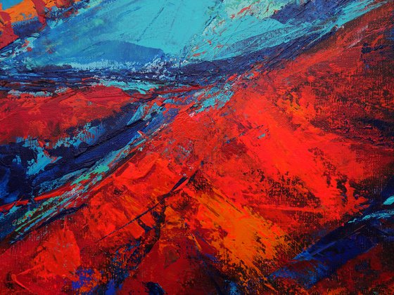Large Abstract Blue Turquoise Red Landscape Painting. Modern Textured Art. Abstract. 61x91cm.