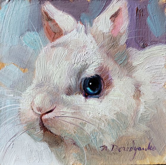 Funny rabbit oil painting original art 4x4, Pet portrait, Rabbit illustration ready to ship, Nursery wall art rabbit lover gift Christmas