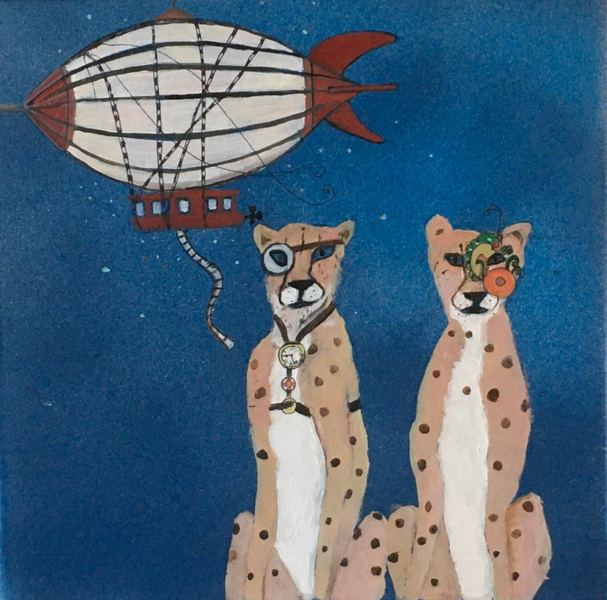 Expressive Animal Painting By Chihiro Kinjo, 11 X 11, Steampunk-Cheetahs 1, Original Artwork