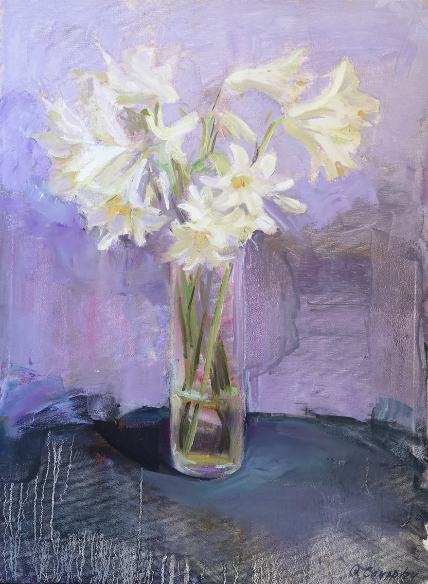 Expressive Botanical Oil Painting By Olga Samar, 18 X 24", Lilies On A Violet Background, Original Artwork