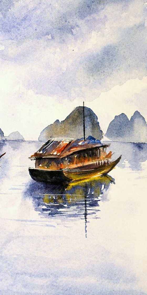Halong Bay ORIGINAL Watercolor Painting - Vietnam Landscape Art