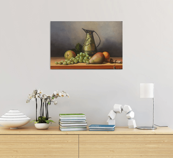 Still life with fruits and duduk (40x60cm, oil painting, ready to hang)