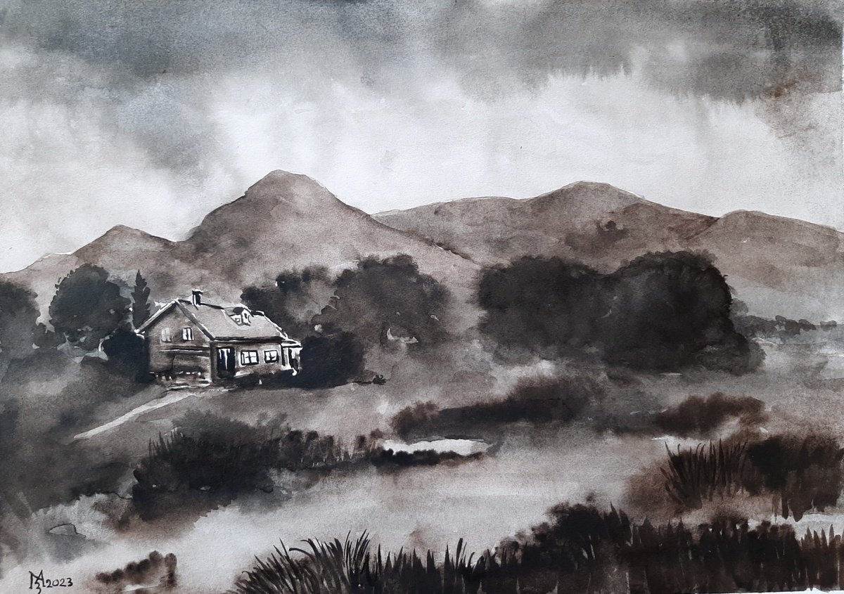 Illustrative Landscape Painting By Zoran Mihajlovic Muza, 12 X 9", Landscapes Ii, Original Artwork