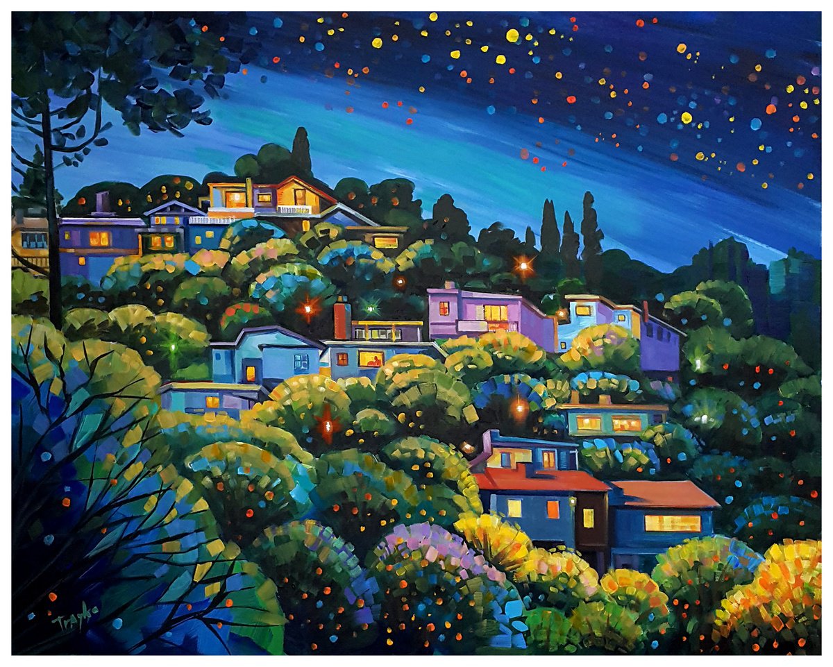 Abstract Landscape Acrylic Painting By Trayko Popov, 39 X 31", Tell Me A Story, Original Artwork