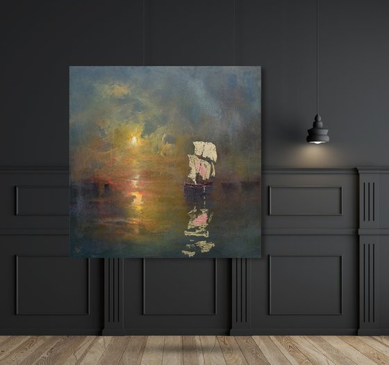 " Harbor of destroyed dreams - Emerald Night " W 110 x H 110 cm