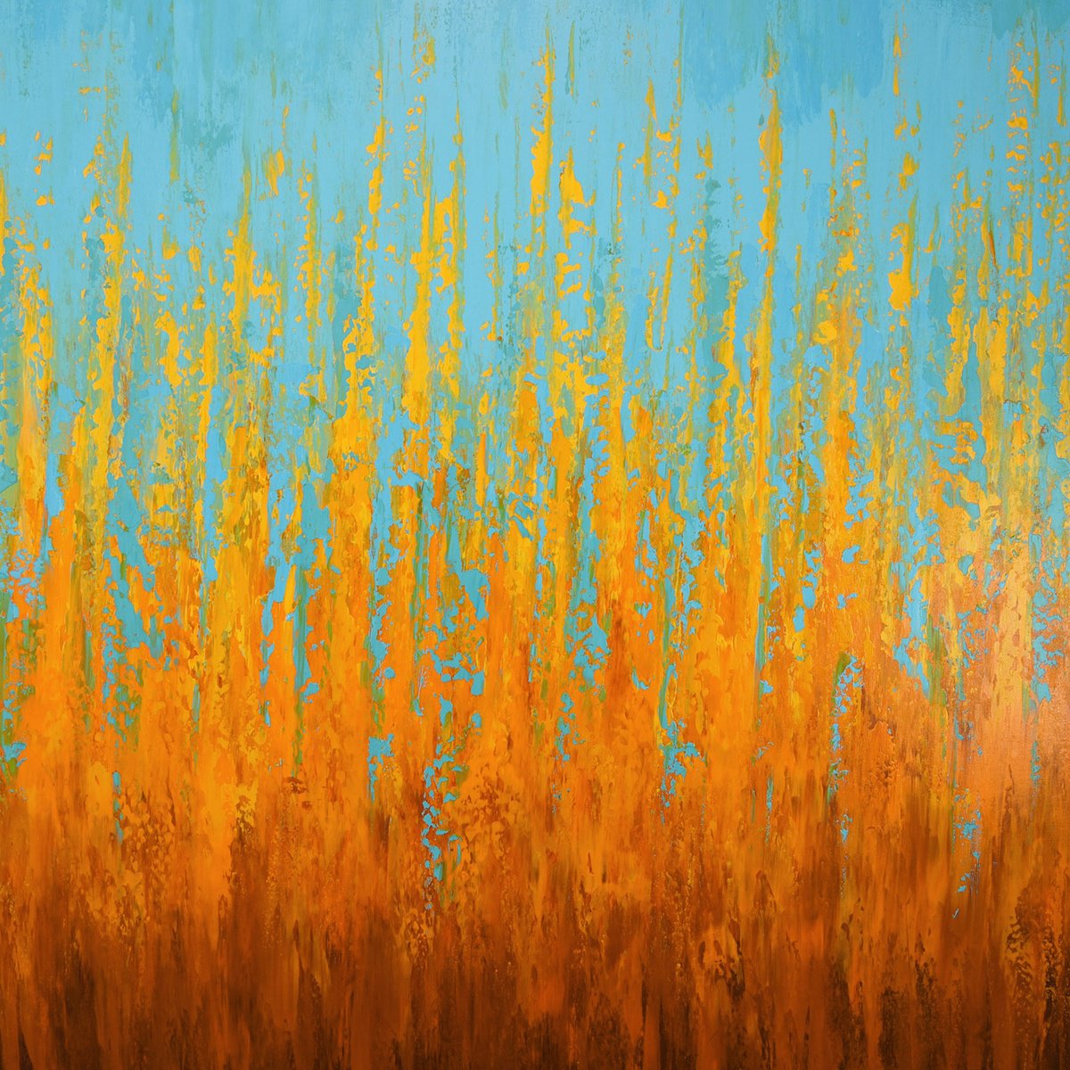 Expressive Abstract Acrylic Painting By Suzanne Vaughan, 40 X 40", Vibrant Orange Blue, Original Artwork