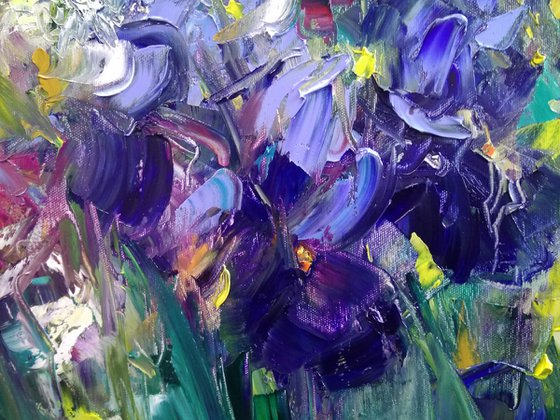 Blooming Irises. Original Oil Painting , Palette Knife .