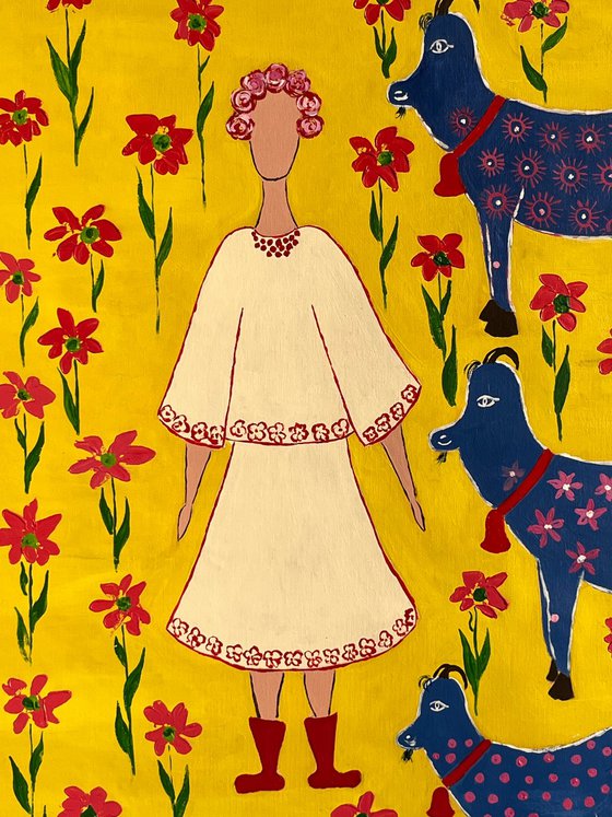 Woman Goats Original Painting