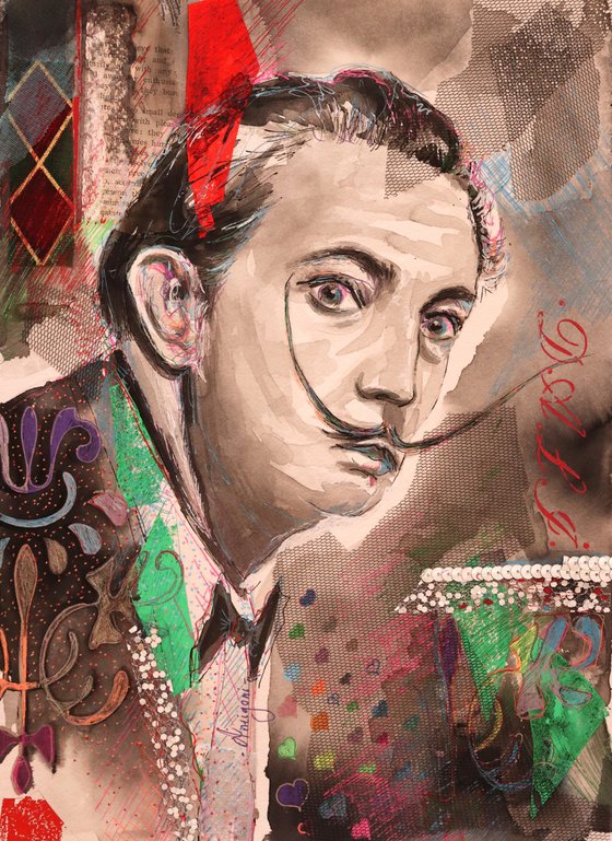 Salvador Dali - Portrait mixed media drawing on paper