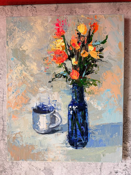Blue Vessel and Morning Flowers