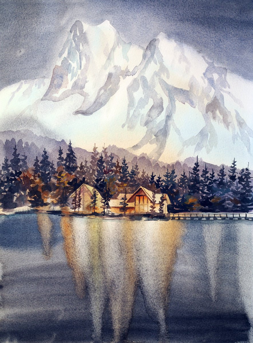 Impressionistic Landscape Watercolour By Delnara El, 11 X 15, Warm Home On A Cold Night, Original Artwork