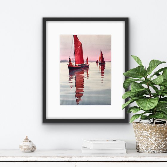 Original watercolor painting “Red sails”