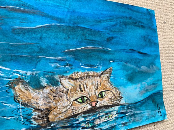Underwater Animals Painting for Home Decor, Cat Portrait Art Decor, Artfinder Gift Ideas