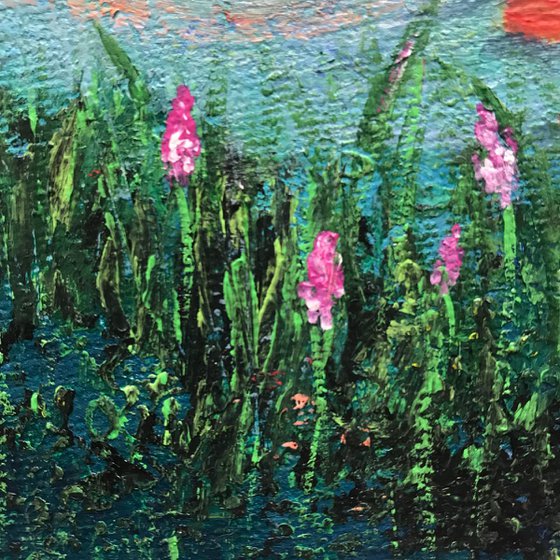 Water lily pond with ripples -2 !! Small Painting !! Mini Painting !!