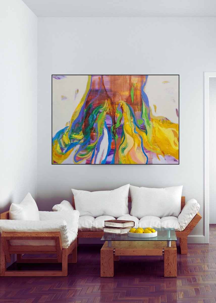 Expressive Botanical Oil Painting By Victoria Cozmolici, 55 X 39", Roots, Original Artwork