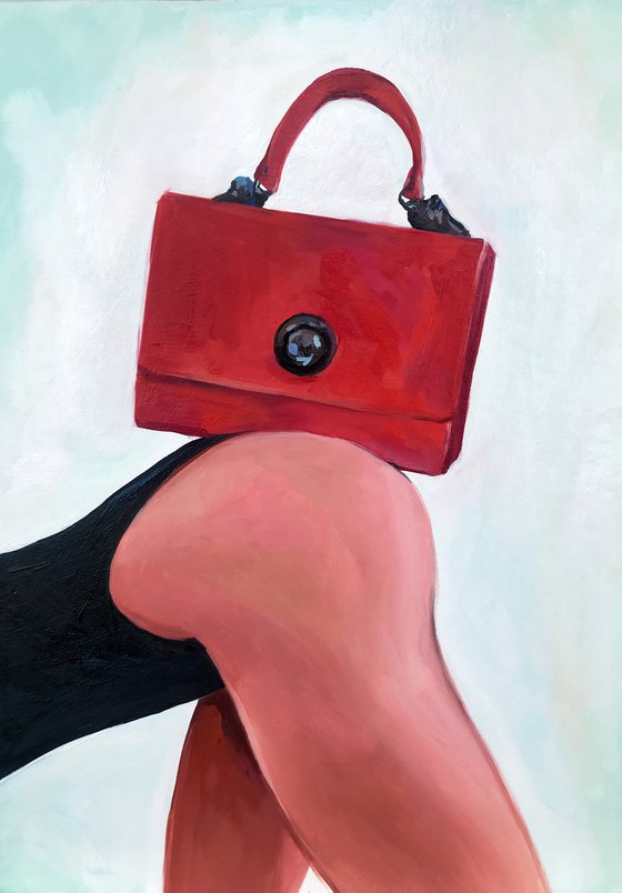 RED BAG - oil painting on cardboard, original gift, red, woman, nude, erotics, original gift, home decor, pop art, office interior