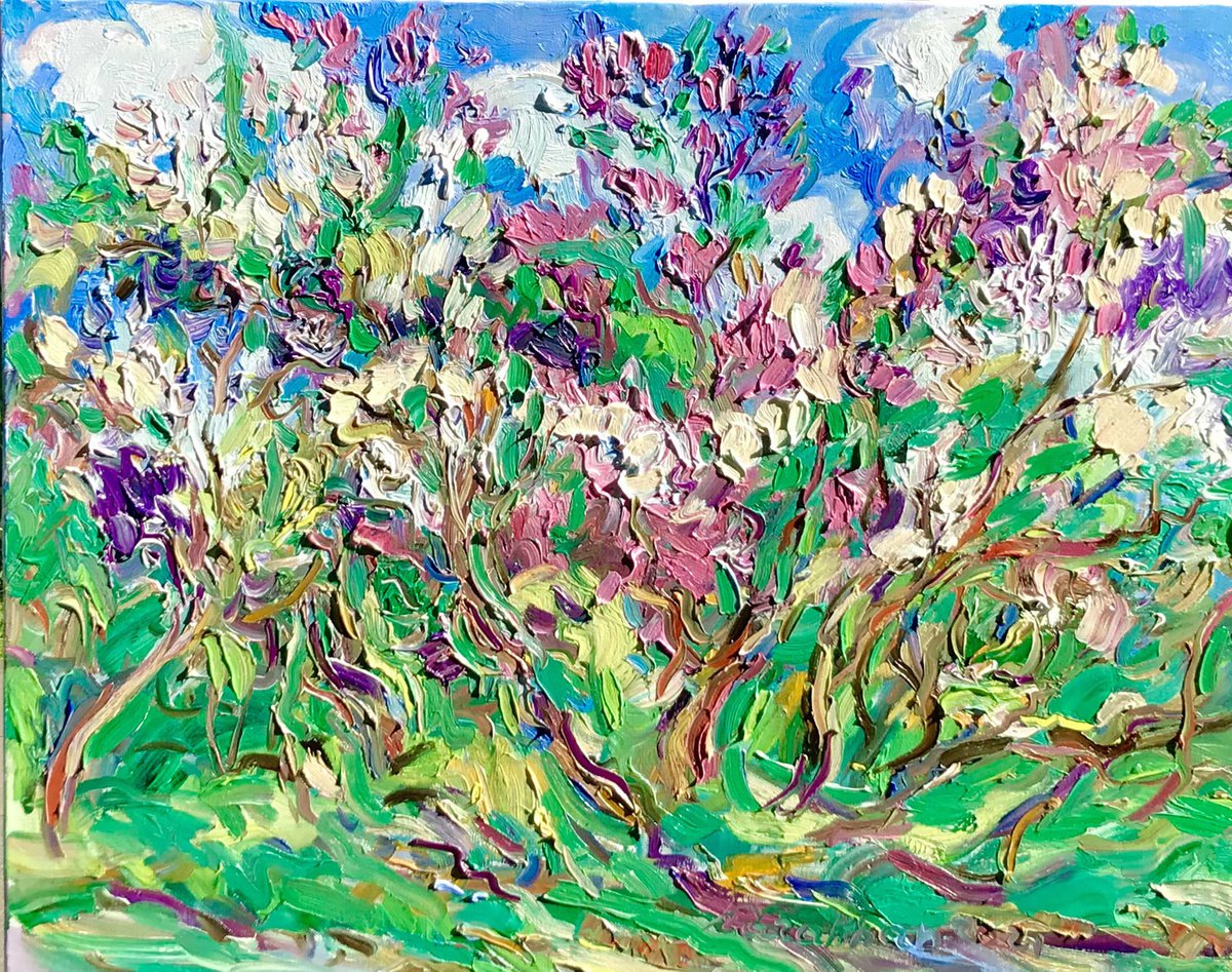 Lilac Garden - floral landscape, large original oil painting by Karakhan