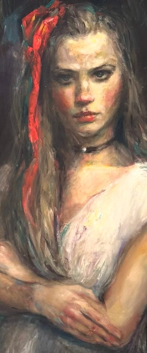 Girl with a red bow. After. by Liubou Sas