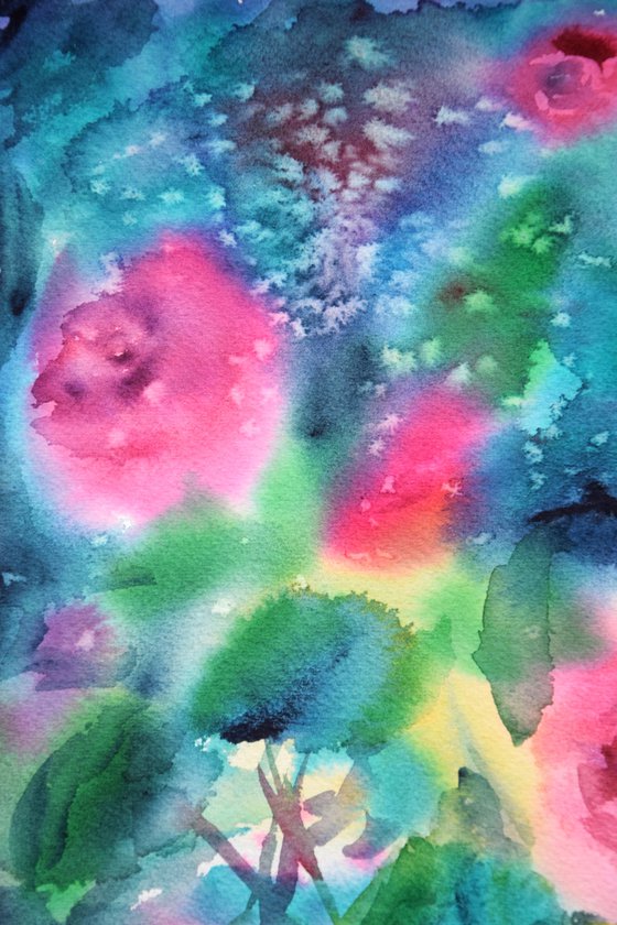 Roses Watercolor Painting, Abstract Wall Art, Pink Flowers Original Artwork