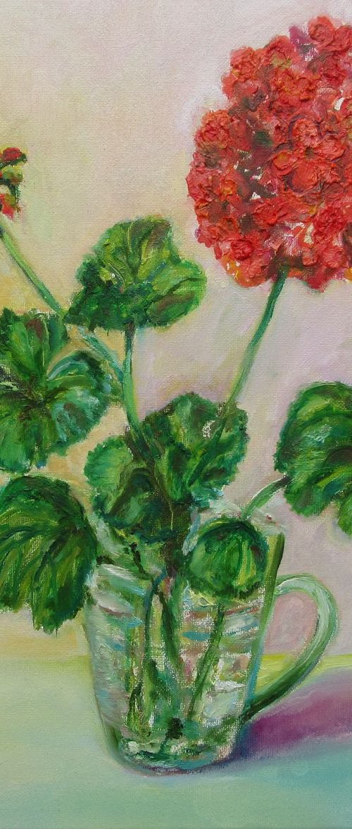 A Geranium Branch in a Glass Original Handmade Oil Painting Small Red Still Life Floral Blooming Gift for Home or Woman 30x30cm. by Katia Ricci