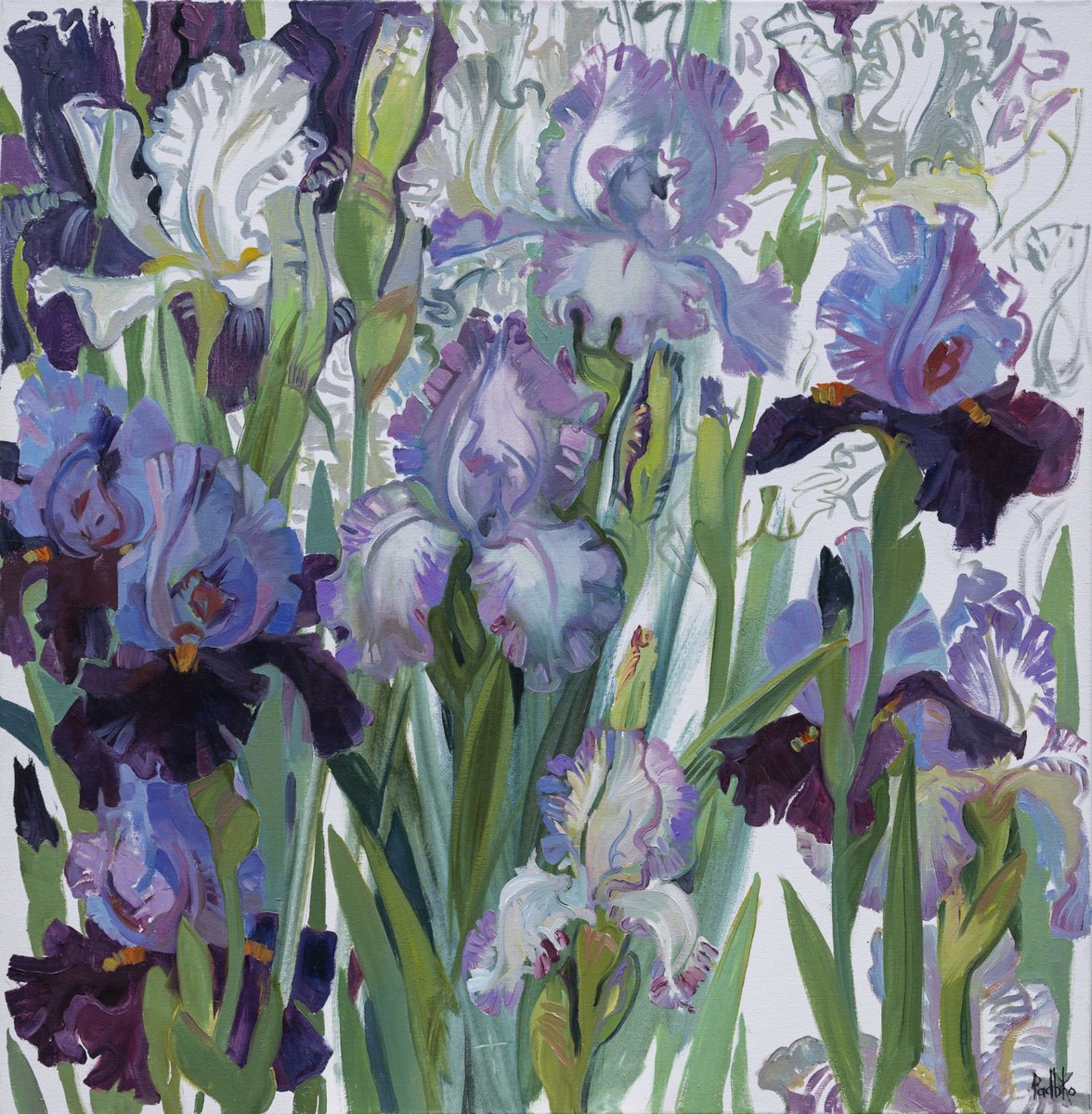 Impressionistic Botanical Oil Painting By Liudmyla Korzh-Radko, 35 X 35", Irises. Blue. Lilac, Original Artwork