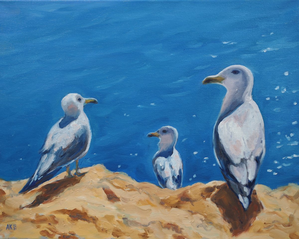 Impressionistic Animal Oil Painting By Alfia Koral, 20 X 16, Seagulls, Original Artwork