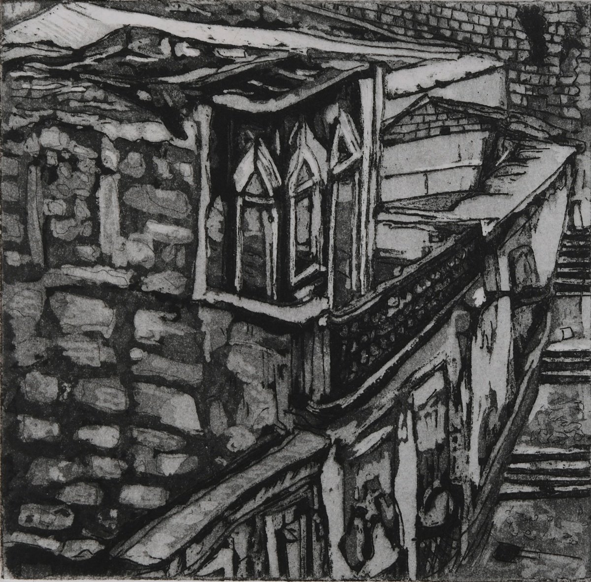 Illustrative Cityscapes Etchings & Engravings By Peg Morris, 6 X 6", Escadas Do Codecal, Porto, Original Artwork