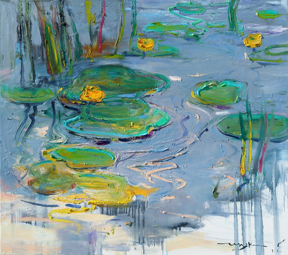 Impressionistic Botanical Oil Painting By Helen Shukina, 31 X 28, Water Lilies, Original Artwork