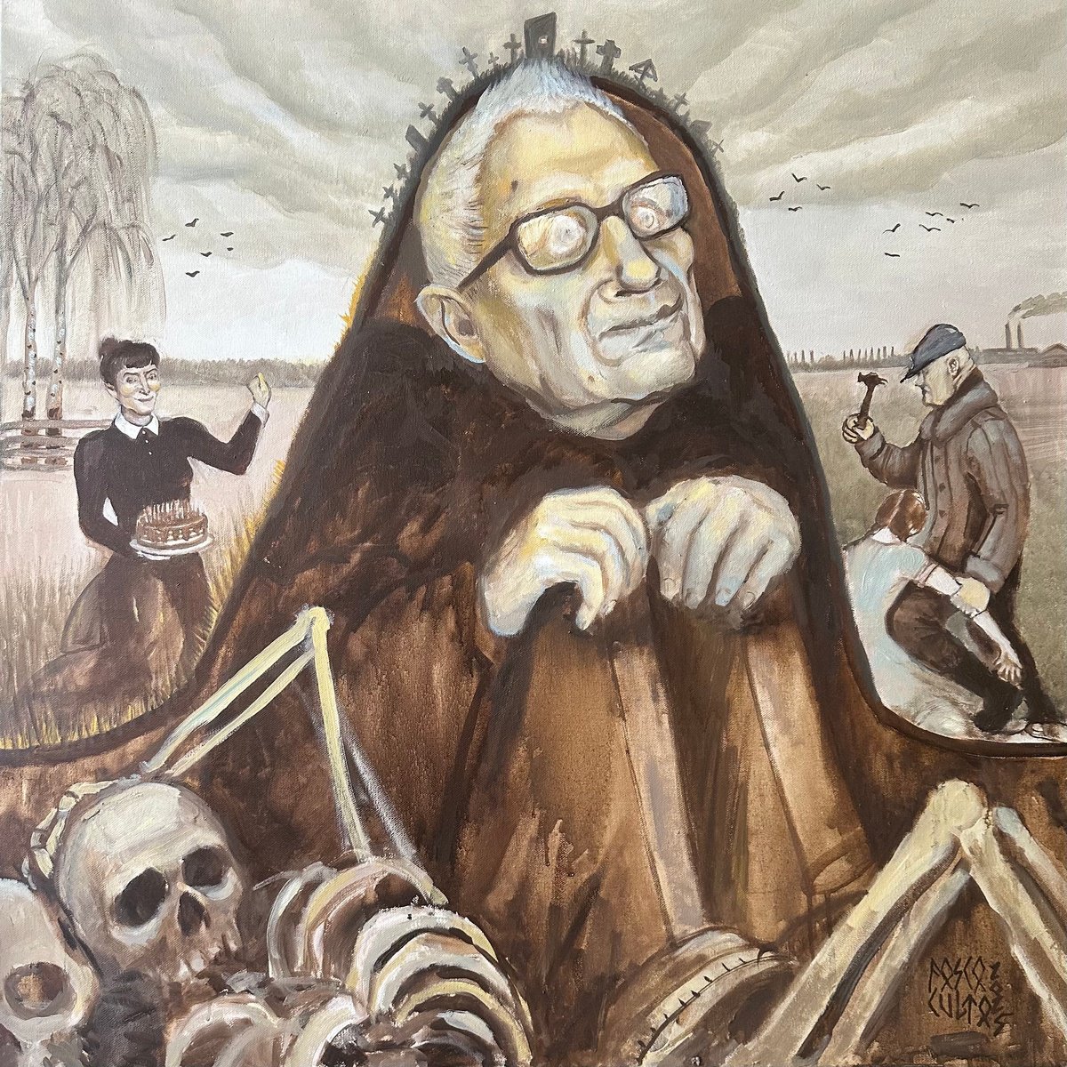 Surrealistic Portrait Oil Painting By Fosco Culto, 31 X 31, Enchanted By Death, Original Artwork