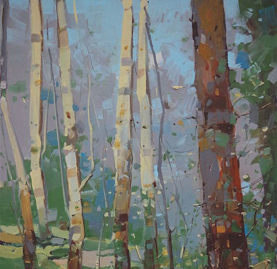 Cobalt Forest, Landscape oil painting, Birches Grove, One of a kind, Signed, Hand Painted