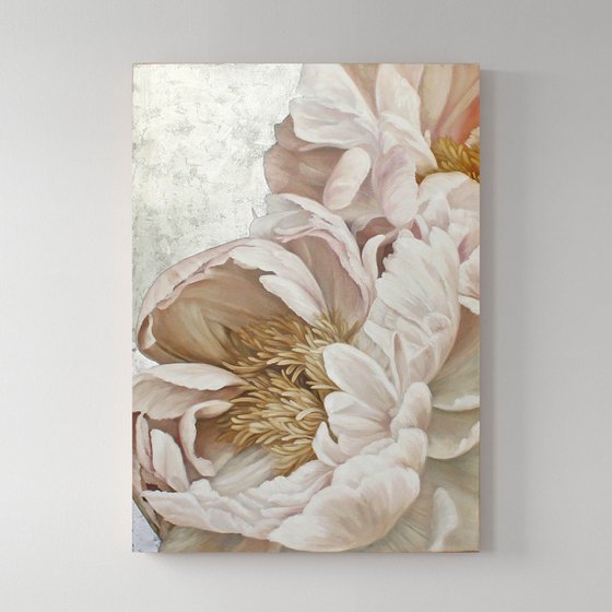"Silk Flowers" Pink silver peonies oil art