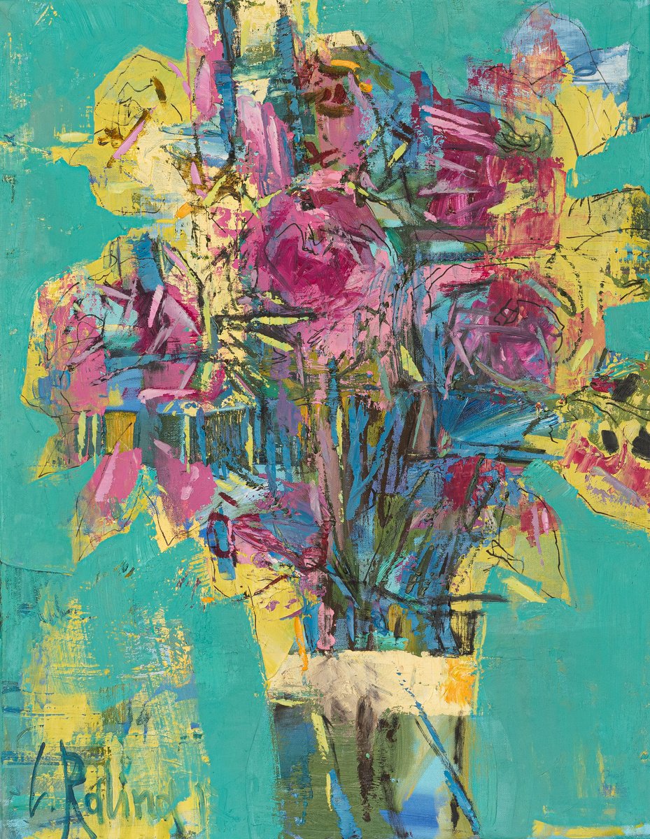 Botanical Oil Painting By Yelena Ralina, 28 X 35", Blue Blues, Original Artwork