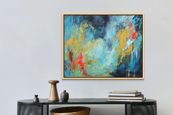 BALANCE OF INFINITY. Navy Blue, Teal, Gold, Red Contemporary Abstract Acrylic Painting, Modern Art