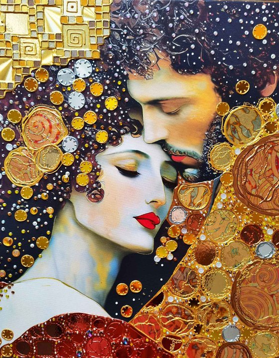 Love original painting. Golden decorative artwork with gold leaf. Gift for woman \ wife