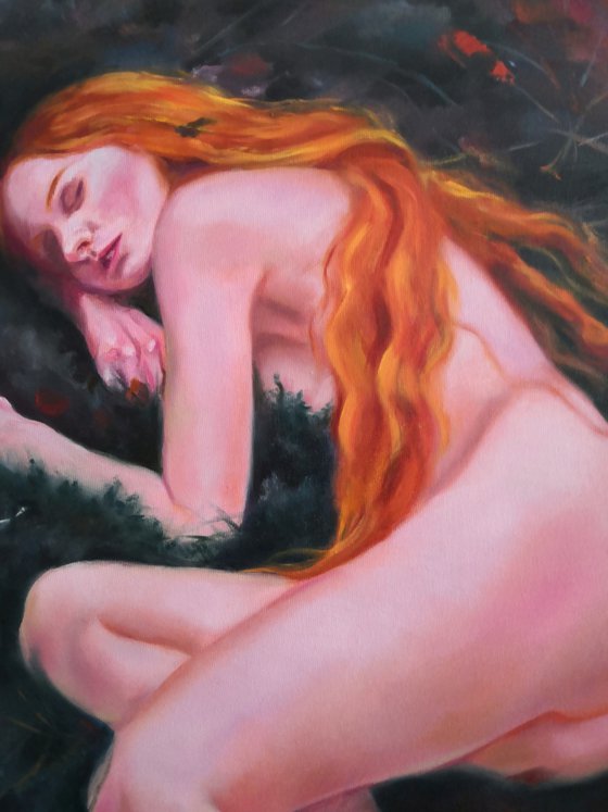 Quite sleep. Forest Red-haired Nymph portrait