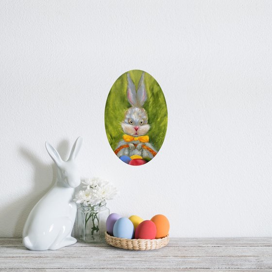 Easter Bunny with eggs - Small ellipse canvas - Funny gift idea