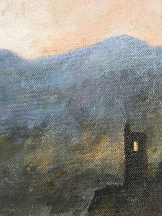 Castle in the Mist. Semi abstract classical landscape on canvas 40x30cm.