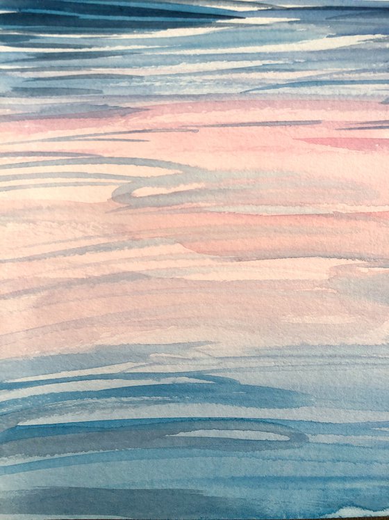 PINK SUNRISE ON WATER, Original Impressionist Vertical Landscape Watercolor Painting