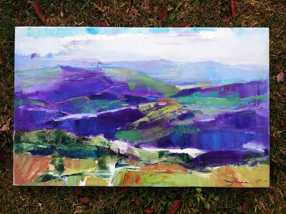 Mountains. Blue landscape . Original oil painting